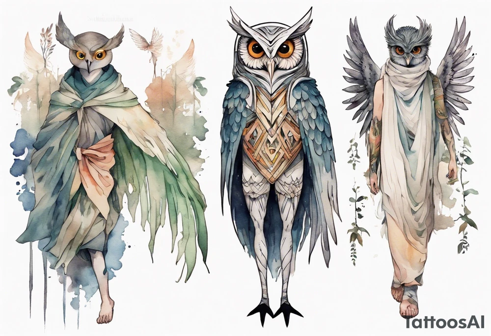 creature in a tunic wearing an owl mask with long thin legs, the feet of a bird, and wings instead of arms in an evening forest tattoo idea