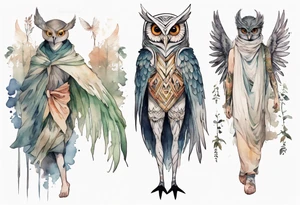 creature in a tunic wearing an owl mask with long thin legs, the feet of a bird, and wings instead of arms in an evening forest tattoo idea