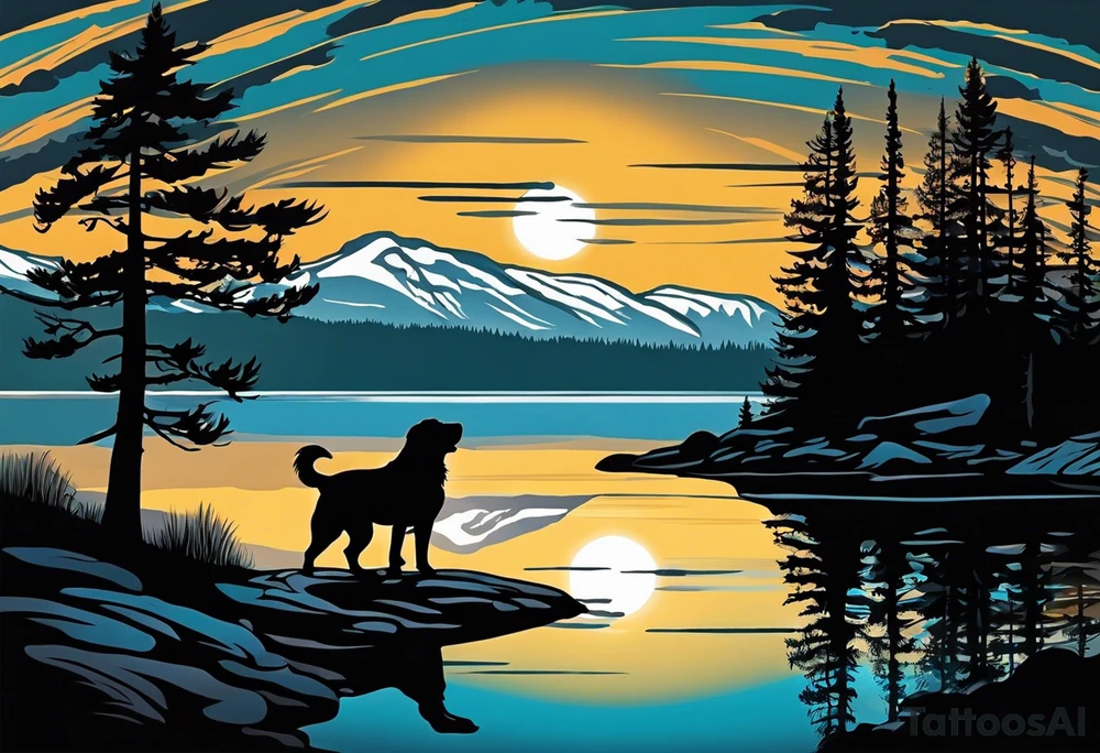 Sleeve tattoo windswept pine tree before lake with low hills on far side of lake. Mastiff silhouette in the foreground. with a dock coming out from the shore. Canadian shield. 
Include the words: "If the sun refused to shine
I would still be loving you
When mountains crumble to the sea
There will still be you and me" tattoo idea