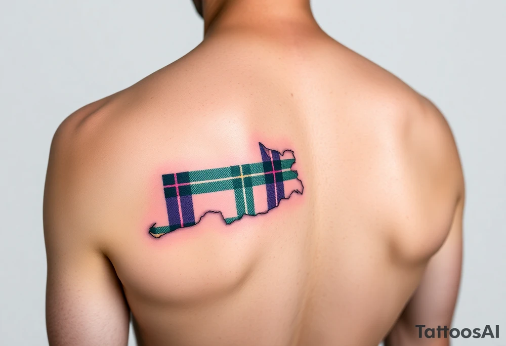 Side of arm Dark Purple with green pink blue and white highlights tartan fabric with flesh peeling away at edges tattoo idea