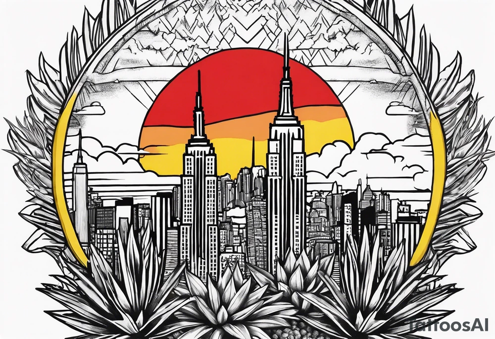 Crest with a hood on top,
13 rays of red and weld-yellow on the top half. NYC sky line
a cactus on the left side and a royal palm on the right side tattoo idea