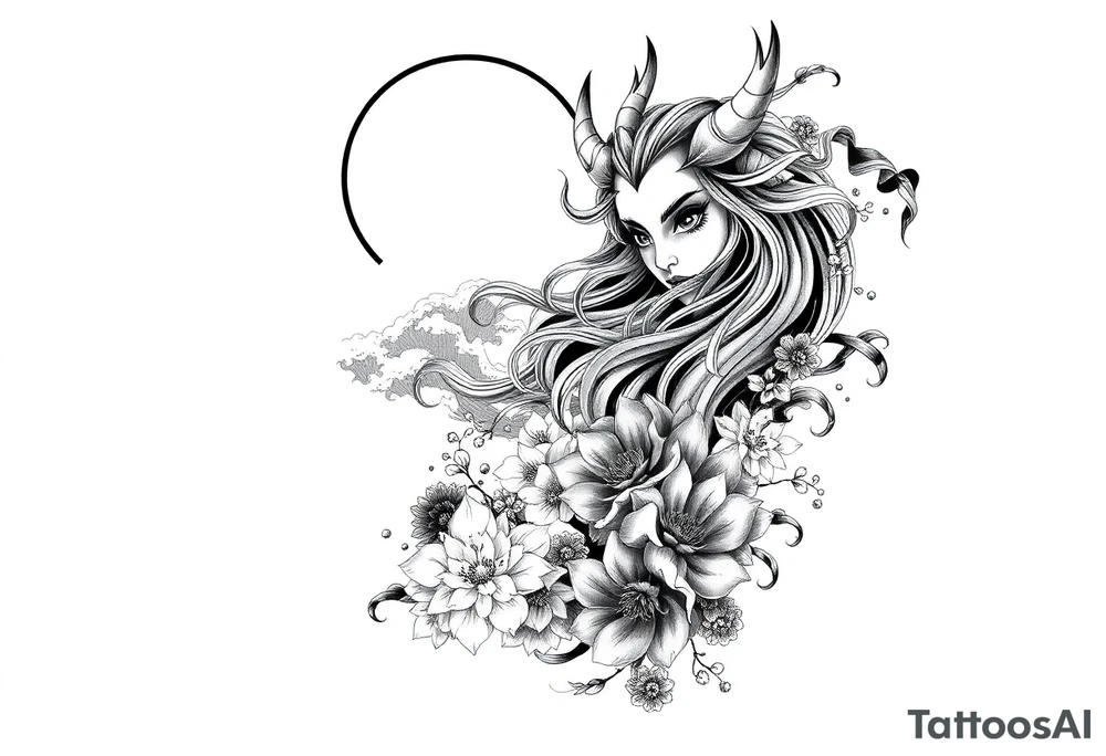 Full sleeve tattoo design for a male arm, wrapping from shoulder to wrist. Neo-Japanese style featuring a beautiful female oni (demon woman) with an elegant, mysterious expression, one hand partially covering her face, long flowing hair integrated into bold wind bars and wave patterns, large chrysanthemums and peonies weaving through the composition. Strong negative space with large black fills, bold flowing shapes, and smooth grey shading. Traditional Japanese cloud and water motifs in the background, balanced composition with the oni face as the main focal point on the upper arm, seamless flow down the arm to the wrist. High contrast black and grey, crisp linework, dynamic and dramatic. tattoo idea