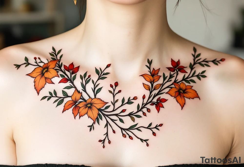 Two separate collarbone tattoos of long, stems and branches covered with red, orange, yellow and dark forest green leaves and flowers, academia, witchy, muted, delicate and gentle but moody, long and thin, following the collarbone. More muted, not so bright, darker colors tattoo idea