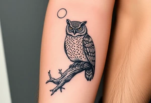 wise owl perched on ancient oak branch under starlit sky tattoo idea