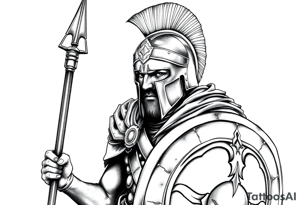 Spartan soldier, stoic face, holding a spear and shield, realism style. tattoo idea