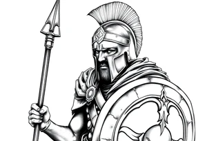 Spartan soldier, stoic face, holding a spear and shield, realism style. tattoo idea
