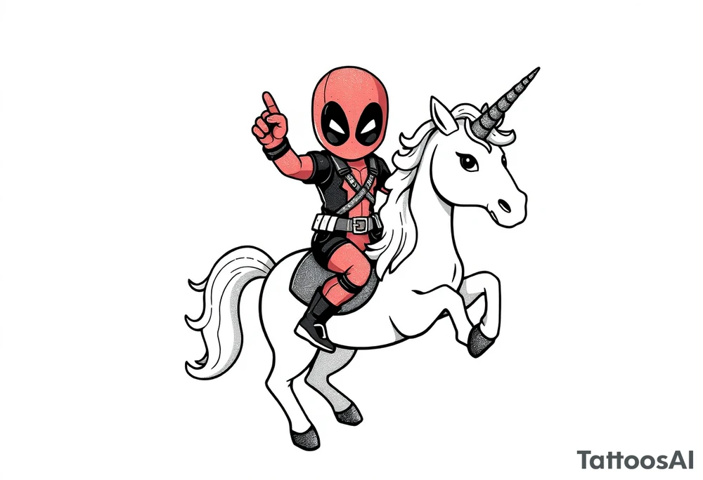 Silly glittery Deadpool riding unicorn giving middle finger tattoo idea