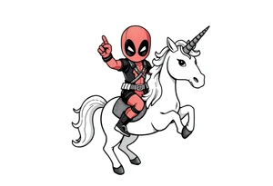 Silly glittery Deadpool riding unicorn giving middle finger tattoo idea