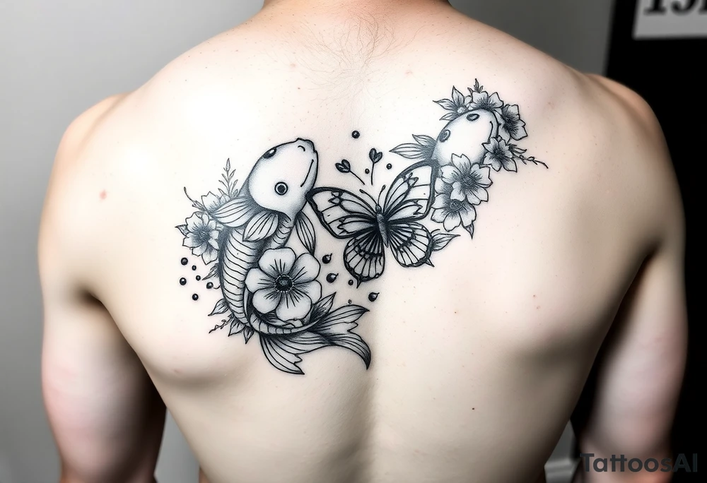 Two koi fish wrap around wrist tattoo with flowers and butterfly tattoo idea