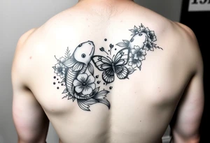 Two koi fish wrap around wrist tattoo with flowers and butterfly tattoo idea
