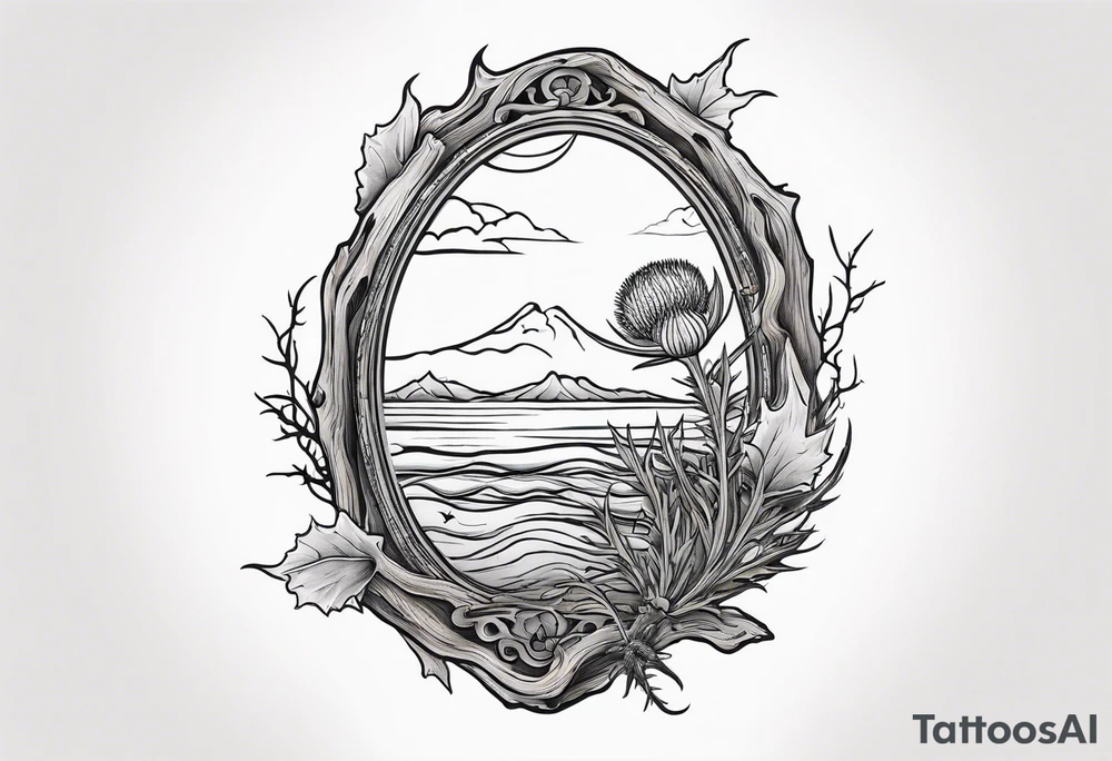 An oval frame of driftwood and sea with a thistle at the bottom of the frame. tattoo idea