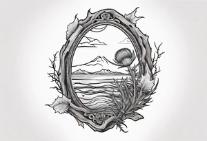 An oval frame of driftwood and sea with a thistle at the bottom of the frame. tattoo idea