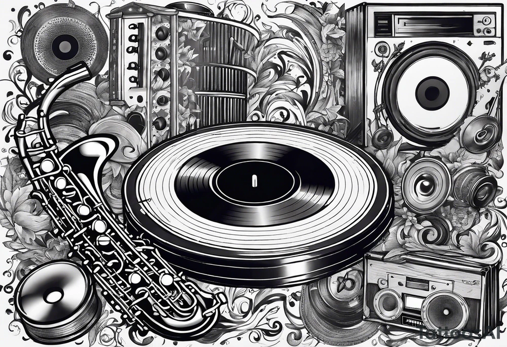 music notes surrounded by a record, a cassette tape, and saxophone parts tattoo idea