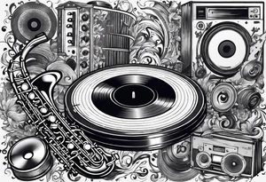 music notes surrounded by a record, a cassette tape, and saxophone parts tattoo idea