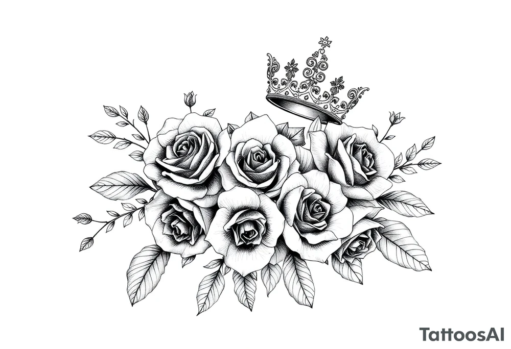 detailed beautiful gothic boho flowers and roses on vine with gorgeous crown ornamental tattoo idea