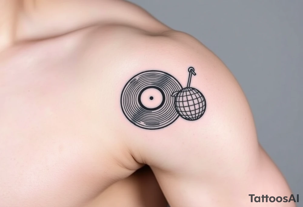 vinyl record player with a smaller disco ball to the side of it tattoo idea