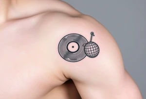 vinyl record player with a smaller disco ball to the side of it tattoo idea