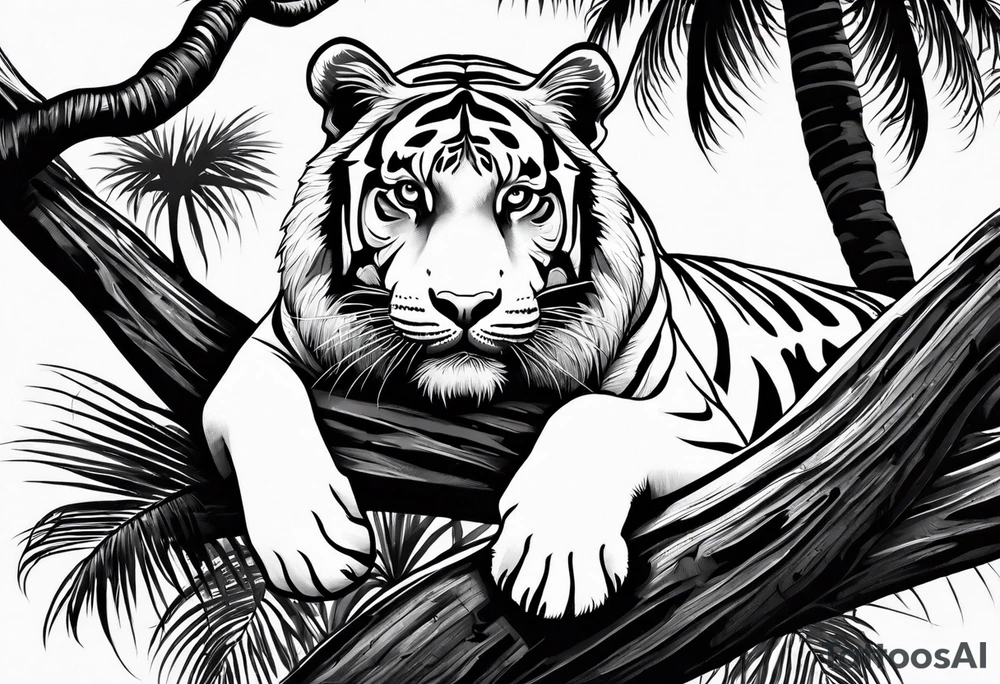 tiger laying on palm tree tattoo idea