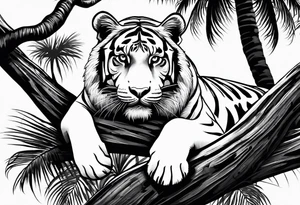 tiger laying on palm tree tattoo idea