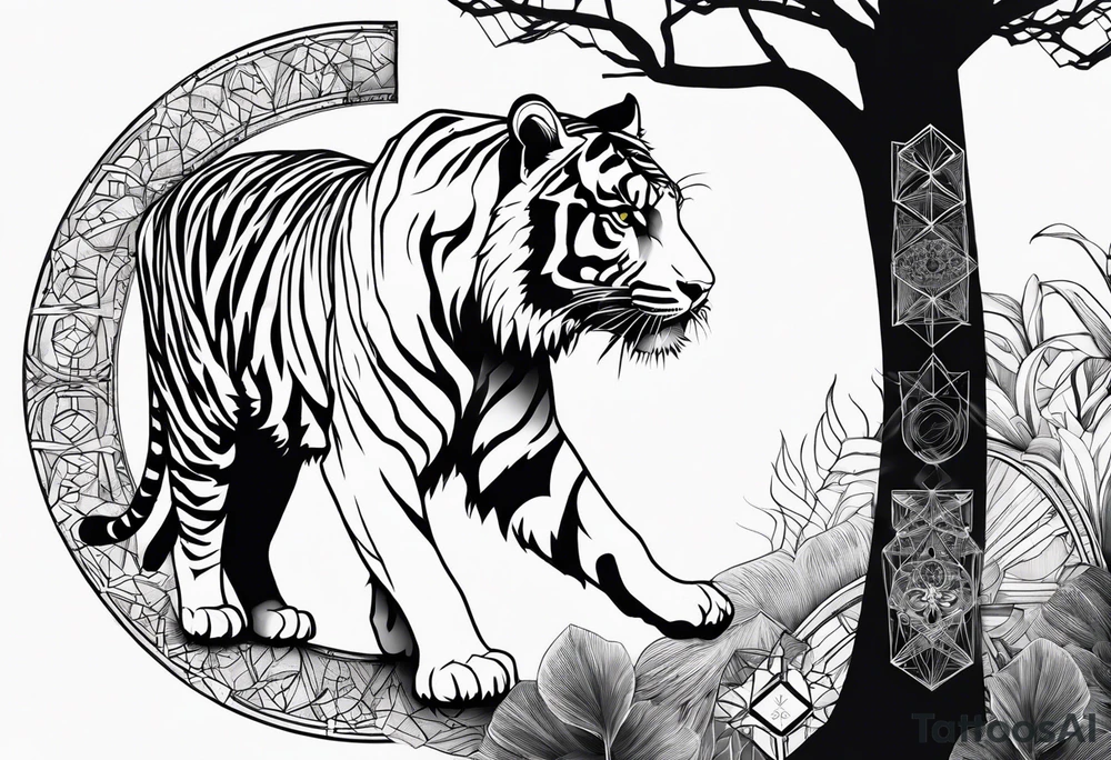 Tiger silhouette with sacred geometry and shapes. Tree of Life growing through the tiger tattoo idea