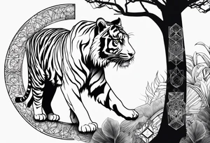 Tiger silhouette with sacred geometry and shapes. Tree of Life growing through the tiger tattoo idea