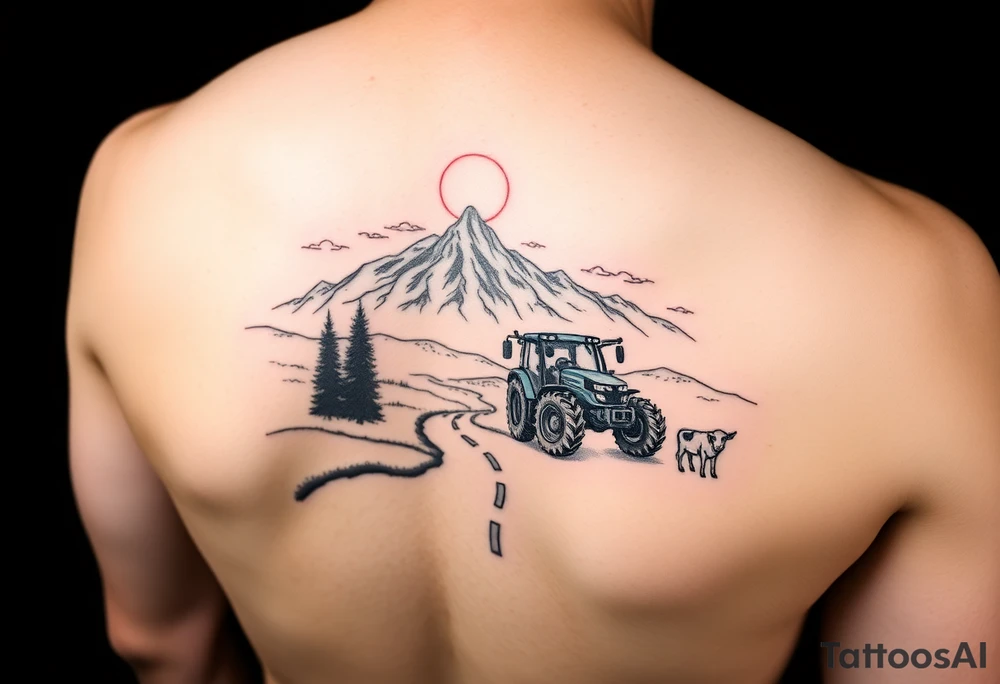 mountain, road, vantage tractor, cow, sunset tattoo idea