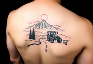 mountain, road, vantage tractor, cow, sunset tattoo idea