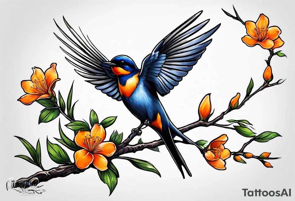 swallow lifting off of branch with orange blossoms tattoo idea