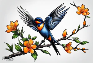 swallow lifting off of branch with orange blossoms tattoo idea