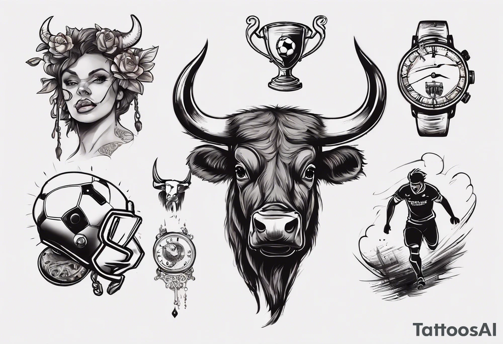 J'aimerai un taureau, et une horloge avec dedans mon chiffre 23, et à côté J'aimerai que tu rajoute une petite touche sur le football, tattoo idea