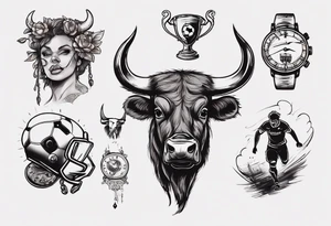 J'aimerai un taureau, et une horloge avec dedans mon chiffre 23, et à côté J'aimerai que tu rajoute une petite touche sur le football, tattoo idea