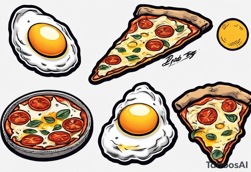 Pair fried eggs tattoo, where for the girl a small slice like a pizza triangular and for the guy the rest of the fried eggs tattoo idea