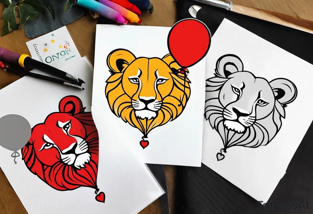 tattoo design should be in the layout of the famouse picture"small princ"  where it should remind me that I survived,and my life was saved by my husband, and he should be represented in the tattoo as a young lion holding a balloon held in the muzzle.
The baloon which is red and in Hearth shape. The whole body of lion should be visible and more abstract not so realistic.The lion is holding the string of the baloon in the muzzle. The string from the balloon should have a heartbeat pulse.The baloon should be red colored, and the rest of the image should be black only. tattoo idea