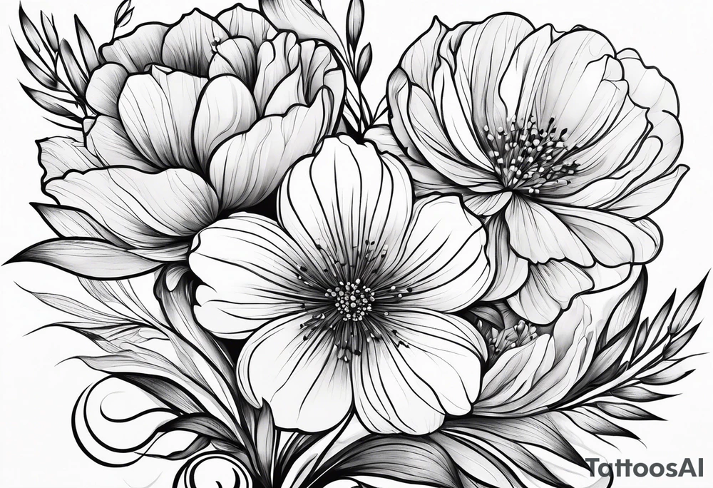 “Illustrate a small, elegant tattoo of a flower bouquet with clean lines and minimal shading, perfect for a feminine touch.” tattoo idea