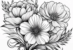 “Illustrate a small, elegant tattoo of a flower bouquet with clean lines and minimal shading, perfect for a feminine touch.” tattoo idea