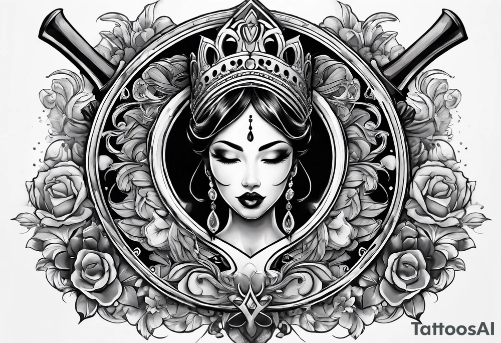 Latina Queen ahegao, drooling, happy, Spade Symbol with letter Q in the center of the spade framed, surrounded by whitespace tattoo idea