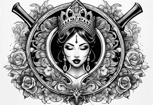 Latina Queen ahegao, drooling, happy, Spade Symbol with letter Q in the center of the spade framed, surrounded by whitespace tattoo idea