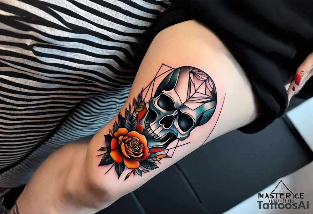 blackwork Knee tattoo in fall colors showing a large skull with a rose in the style tattoo idea