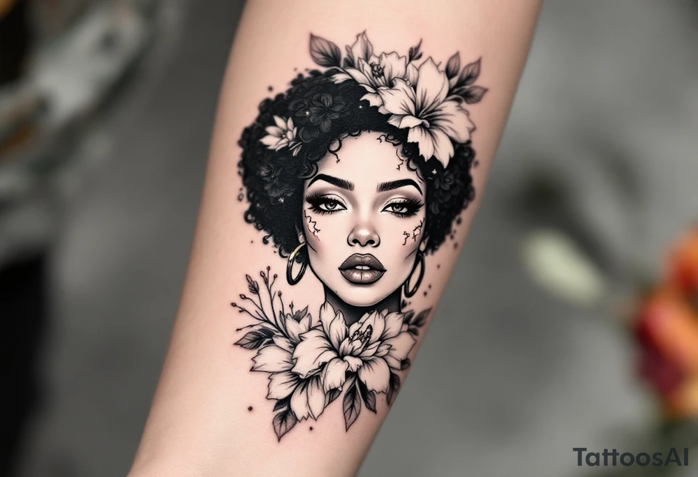 Broken black woman pieced back together surrounded by flowers tattoo idea