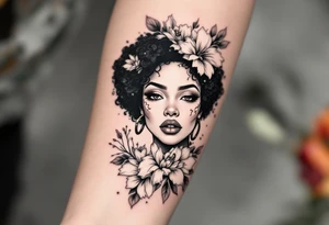 Broken black woman pieced back together surrounded by flowers tattoo idea