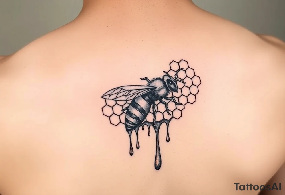 steampunk design of honeycomb with bee and dripping honey tattoo idea