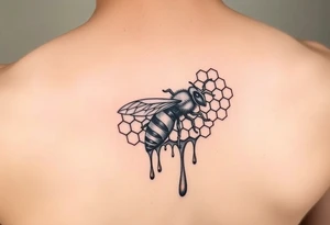 steampunk design of honeycomb with bee and dripping honey tattoo idea