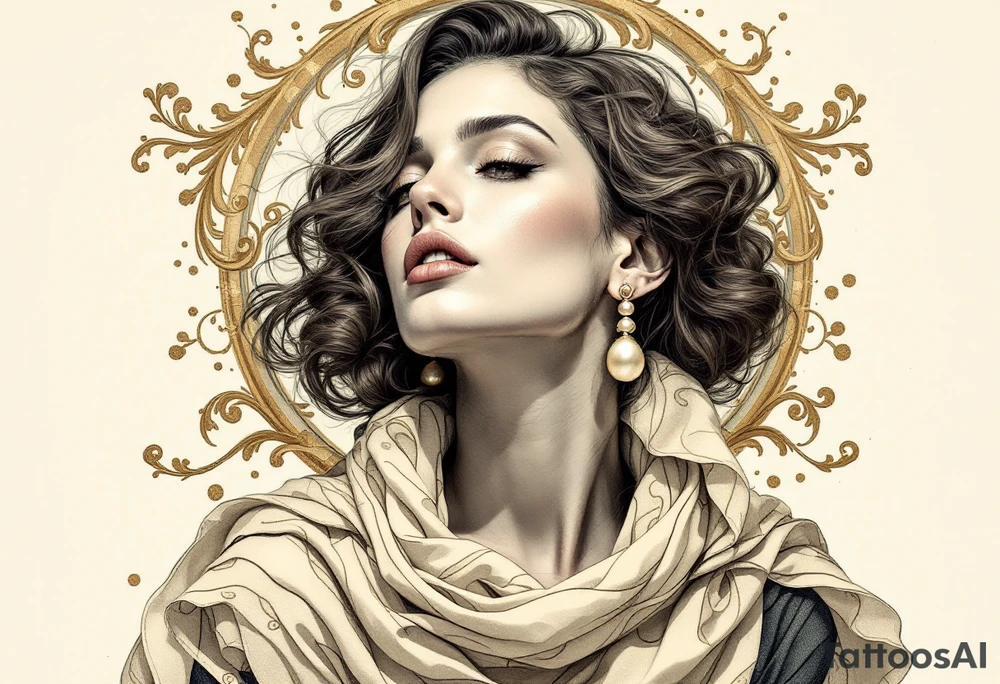 Alfons Mucha’s art nouveau woman with pearl earrings, flowing beige scarf, and a backdrop of swirling bronze flourishes. tattoo idea