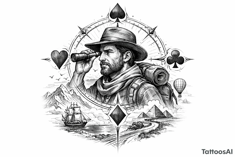 Fine line surreal portrait of a traveler with club crests as compass points tattoo idea