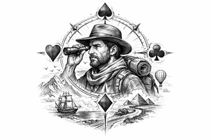 Fine line surreal portrait of a traveler with club crests as compass points tattoo idea