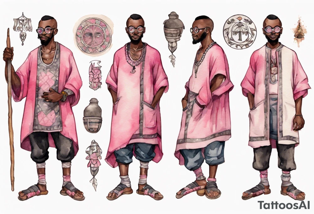 a medieval black man wearing round glasses, wearing a pink and black tunic, wearing mukluks tattoo idea