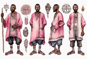 a medieval black man wearing round glasses, wearing a pink and black tunic, wearing mukluks tattoo idea