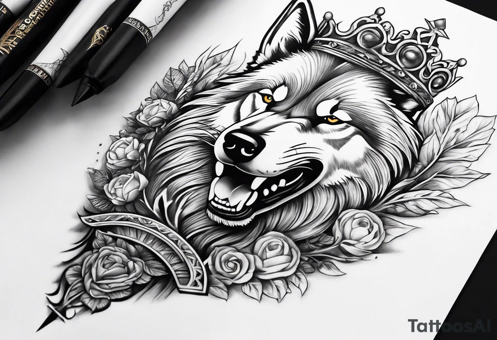 Create a vision of arm tattoo sleeve with combination of sword, crown, tree and three wolves to represent clients family roots tattoo idea