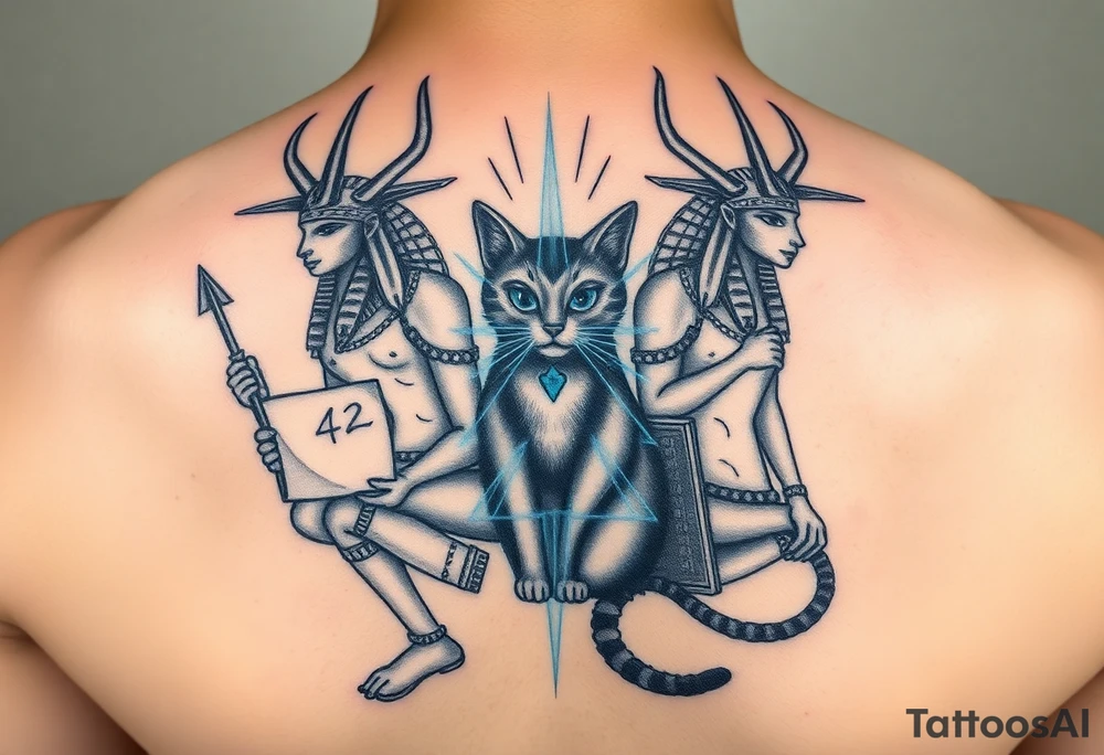 "Anubis split into two entangled versions:  
1. Ancient (holding papyrus with '42')  
2. Cyber (with quantum server instead of a heart)  
Between them: Schrödinger’s cat as a hologram.  

Style: Double exposure tattoo. Black/blue. Back piece." tattoo idea