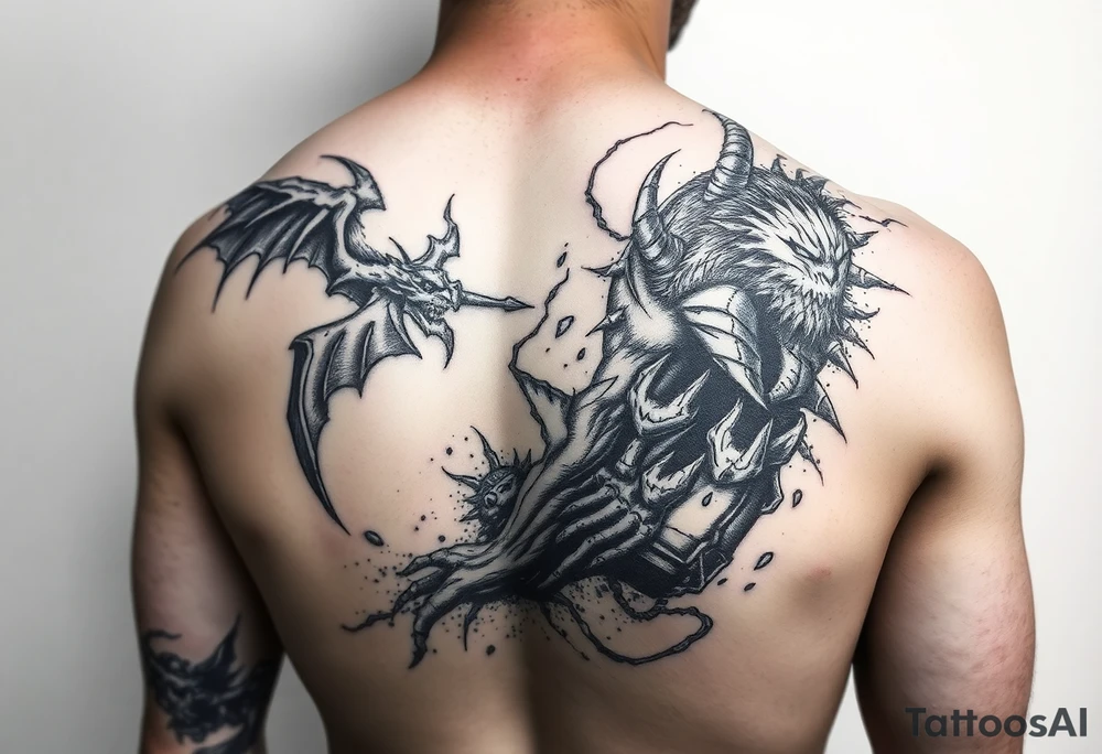 Battle of inner demons childhood of pain suffering lifetime of  broken promises heart break for a male full arm sleve tattoo idea